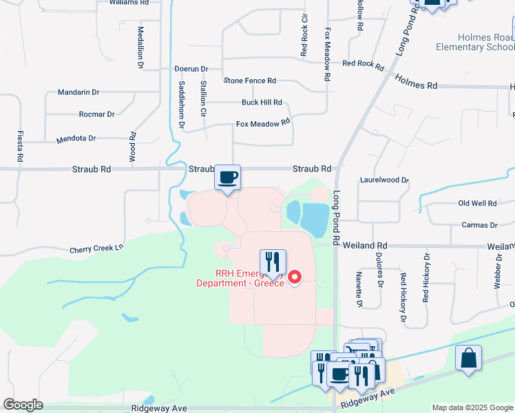 map of restaurants, bars, coffee shops, grocery stores, and more near 1/2 Long Pond Road in Rochester