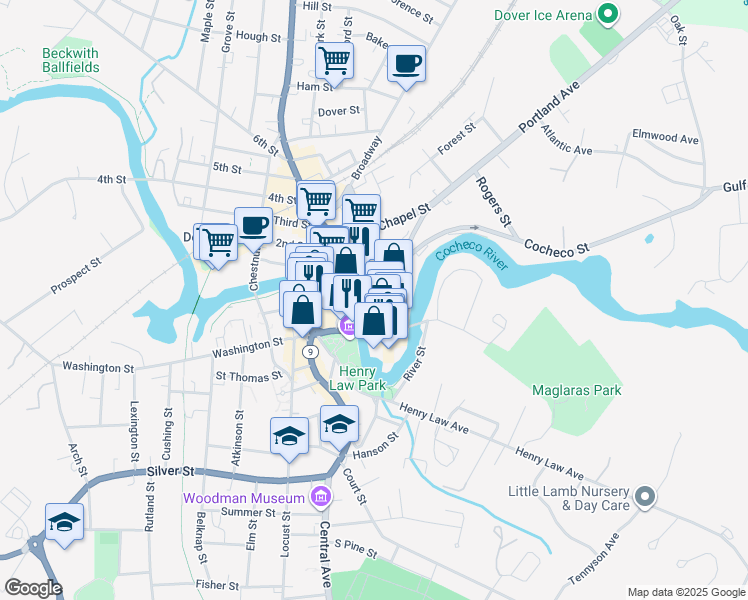 map of restaurants, bars, coffee shops, grocery stores, and more near 1 Main Street in Dover