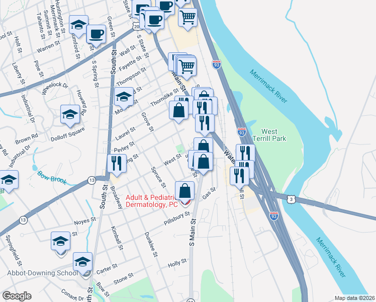 map of restaurants, bars, coffee shops, grocery stores, and more near 2 Cottage Court in Concord