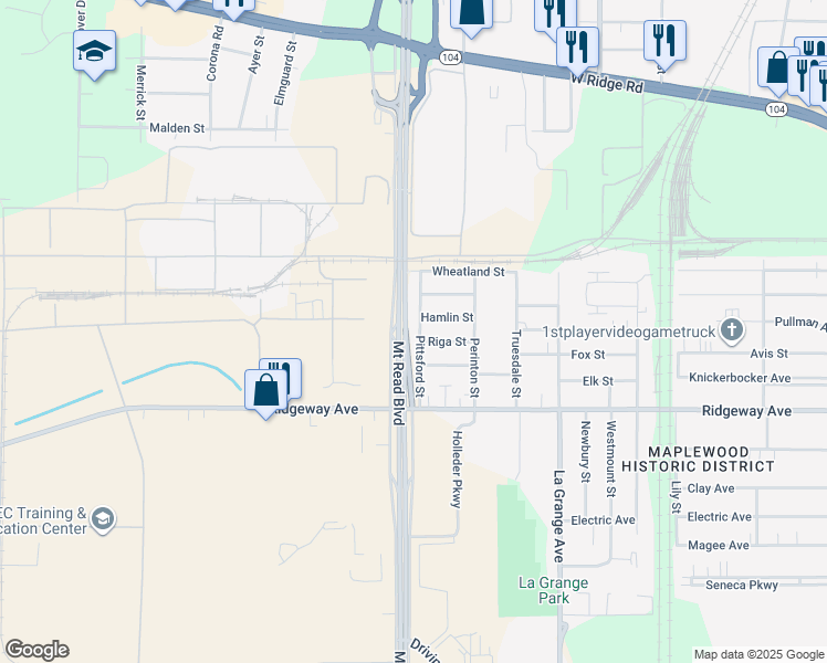map of restaurants, bars, coffee shops, grocery stores, and more near 77 Pittsford Street in Rochester