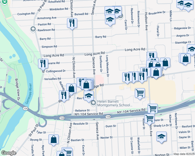 map of restaurants, bars, coffee shops, grocery stores, and more near 366 East Ridge Road in Rochester