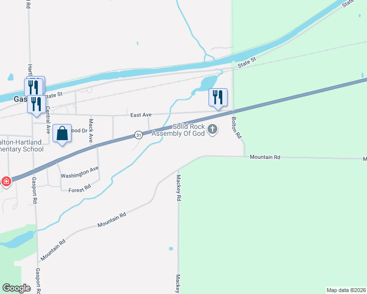 map of restaurants, bars, coffee shops, grocery stores, and more near 8480 Rochester Road in Gasport