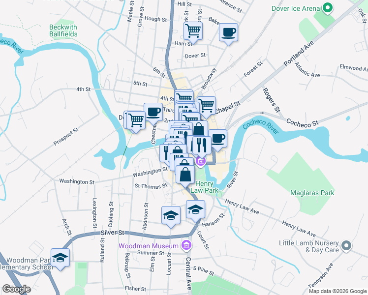 map of restaurants, bars, coffee shops, grocery stores, and more near 1 Orchard Street in Dover