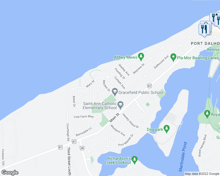 map of restaurants, bars, coffee shops, grocery stores, and more near 4 Mackie Street in St. Catharines