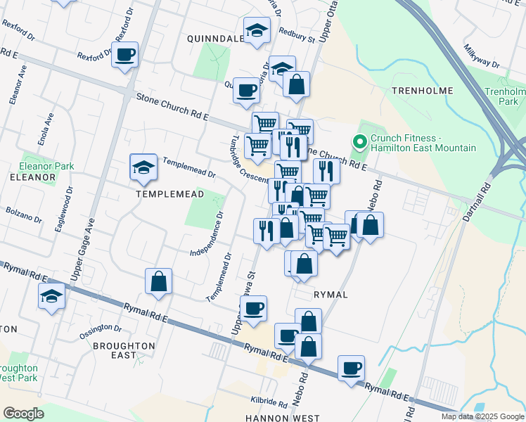 map of restaurants, bars, coffee shops, grocery stores, and more near 1444 Upper Ottawa Street in Hamilton