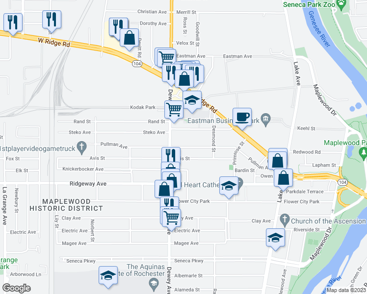 map of restaurants, bars, coffee shops, grocery stores, and more near 312 Pullman Avenue in Rochester