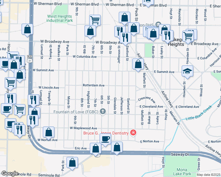 map of restaurants, bars, coffee shops, grocery stores, and more near 3106 5th Street in Muskegon Heights
