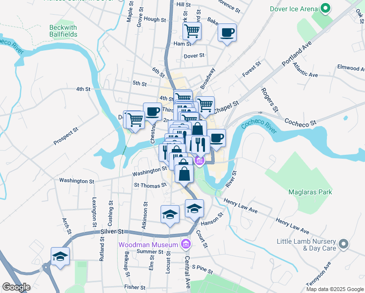 map of restaurants, bars, coffee shops, grocery stores, and more near 1 Orchard Street in Dover