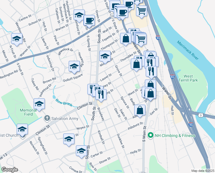 map of restaurants, bars, coffee shops, grocery stores, and more near 64 Downing Street in Concord