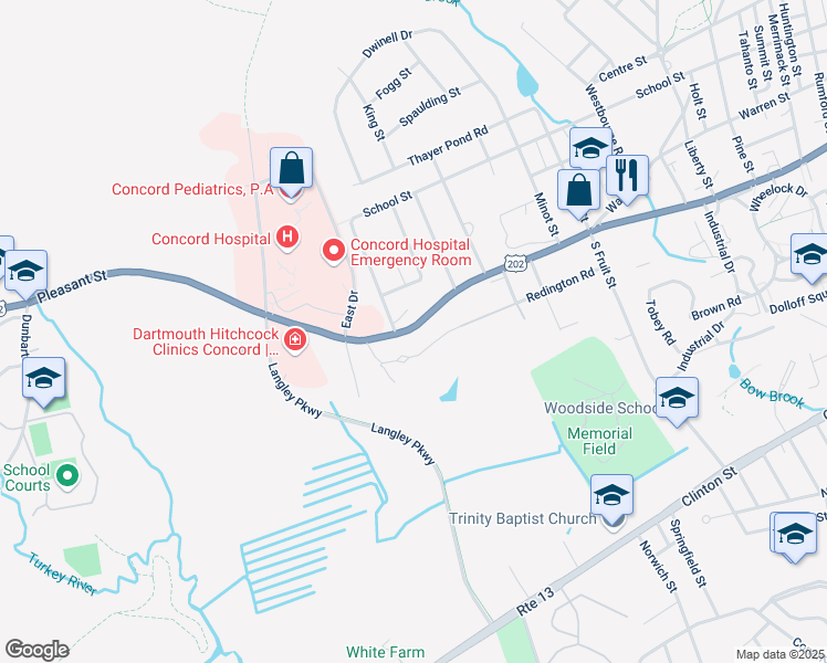 map of restaurants, bars, coffee shops, grocery stores, and more near 227 Pleasant Street in Concord