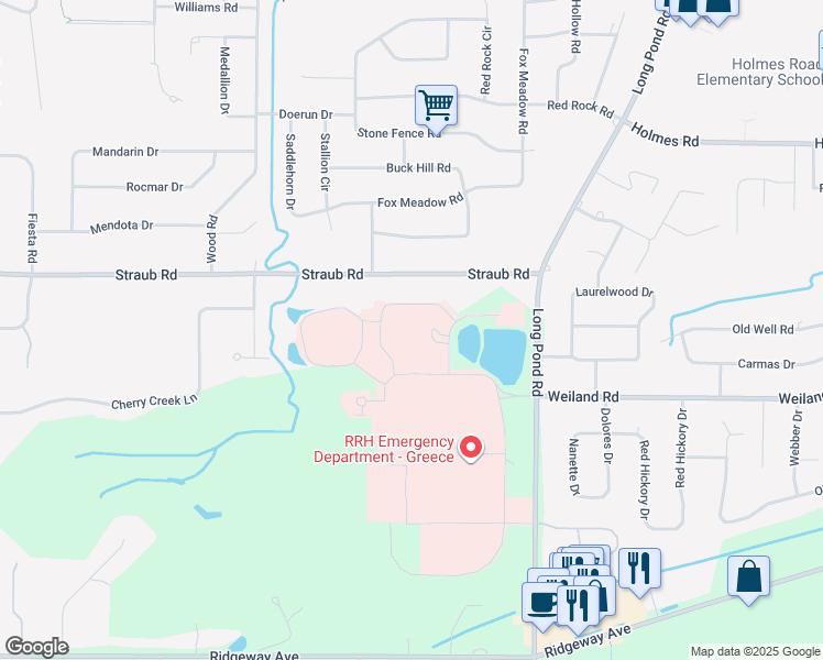 map of restaurants, bars, coffee shops, grocery stores, and more near 1471 Long Pond Road in Rochester
