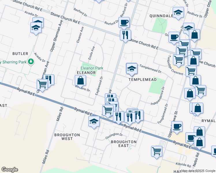 map of restaurants, bars, coffee shops, grocery stores, and more near 3 Goldengate Avenue in Hamilton