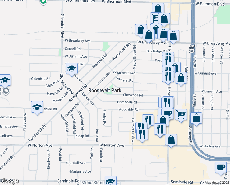 map of restaurants, bars, coffee shops, grocery stores, and more near 1114 Hampden Road in Muskegon