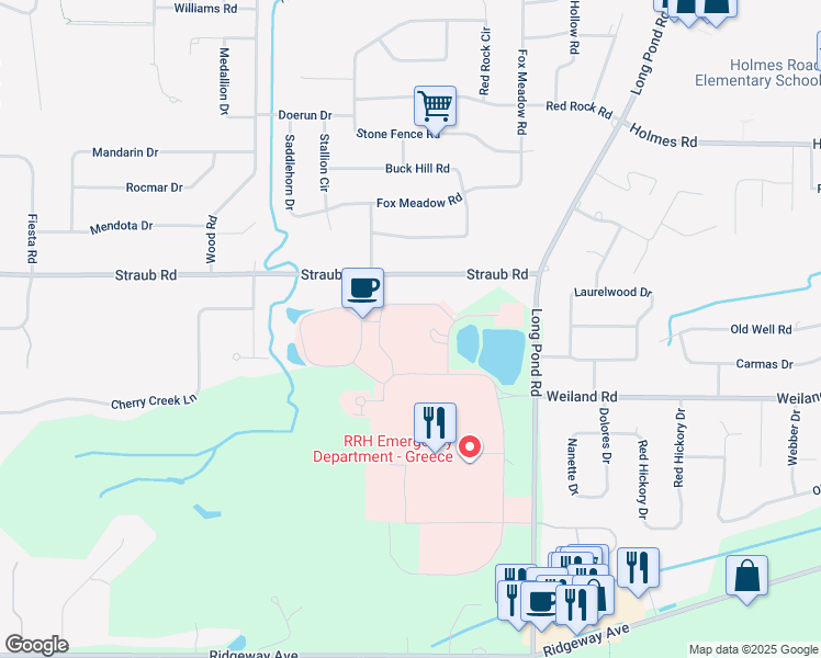 map of restaurants, bars, coffee shops, grocery stores, and more near 1471 Long Pond Road in Rochester