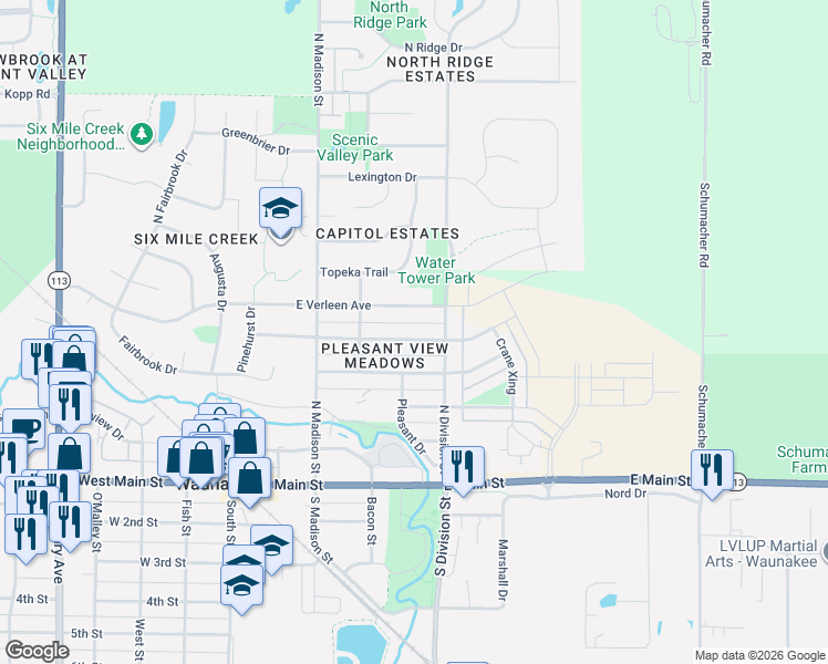 map of restaurants, bars, coffee shops, grocery stores, and more near 505 Prospect Road in Waunakee