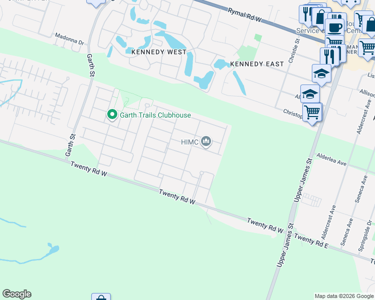 map of restaurants, bars, coffee shops, grocery stores, and more near 50 Critzia Drive in Hamilton