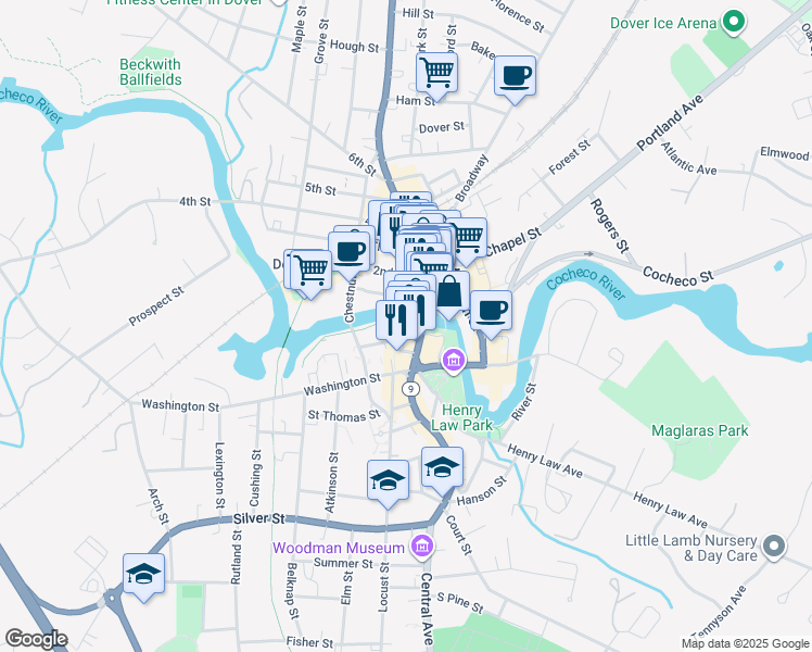 map of restaurants, bars, coffee shops, grocery stores, and more near 422 Central Avenue in Dover