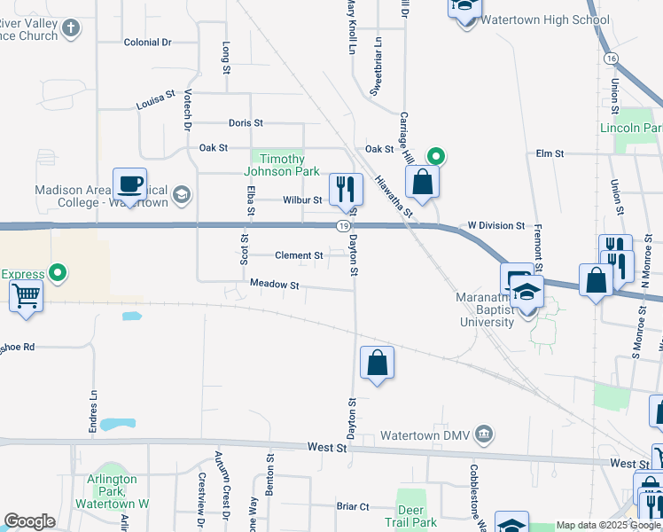 map of restaurants, bars, coffee shops, grocery stores, and more near 1007 West Main Street in Watertown