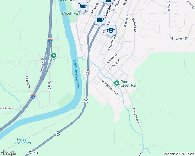 map of restaurants, bars, coffee shops, grocery stores, and more near 1207 Southeast Marsters Avenue in Roseburg