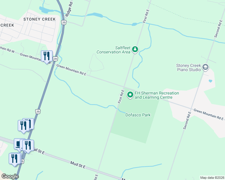 map of restaurants, bars, coffee shops, grocery stores, and more near 106 Green Mountain Road East in Hamilton