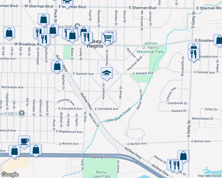 map of restaurants, bars, coffee shops, grocery stores, and more near 136 Harrison Boulevard in Muskegon Heights