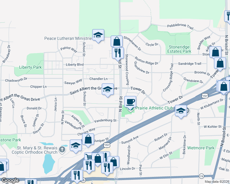 map of restaurants, bars, coffee shops, grocery stores, and more near 821 Saint Albert the Great Drive in Sun Prairie