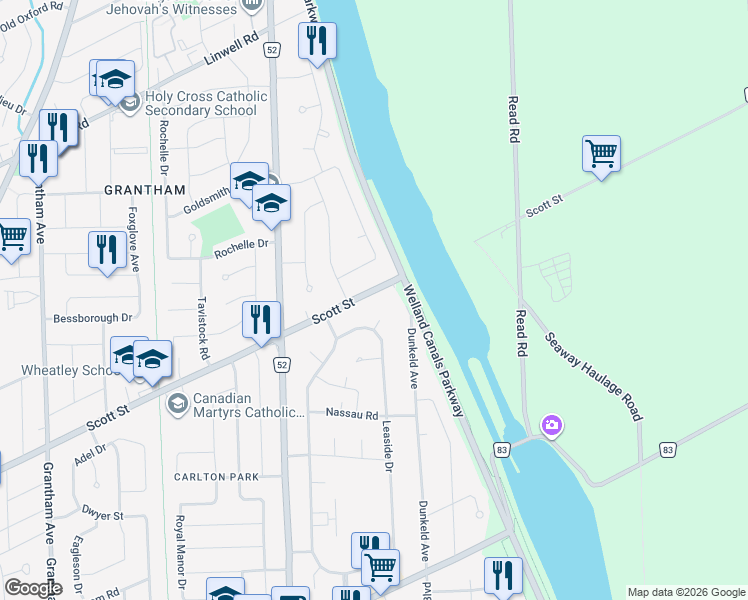 map of restaurants, bars, coffee shops, grocery stores, and more near in St. Catharines