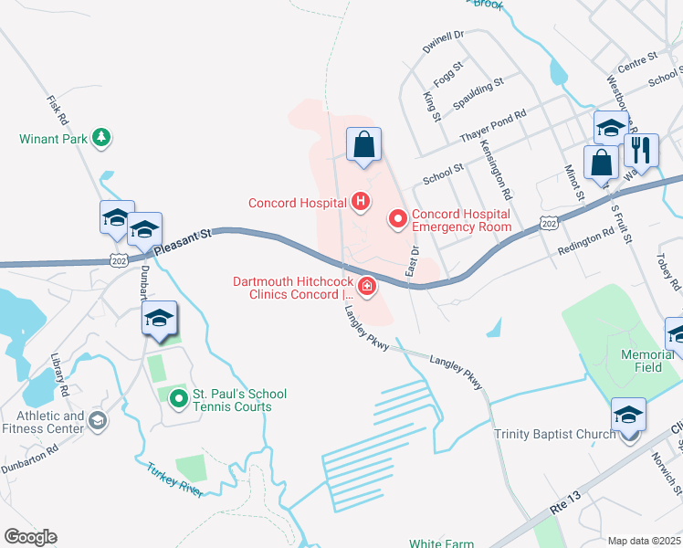 map of restaurants, bars, coffee shops, grocery stores, and more near 257 Pleasant Street in Concord