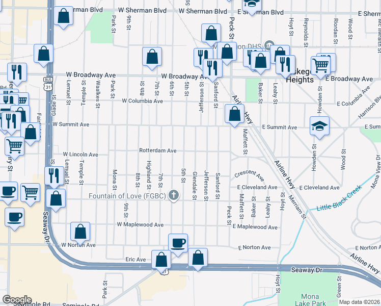 map of restaurants, bars, coffee shops, grocery stores, and more near 3024 5th Street in Muskegon Heights