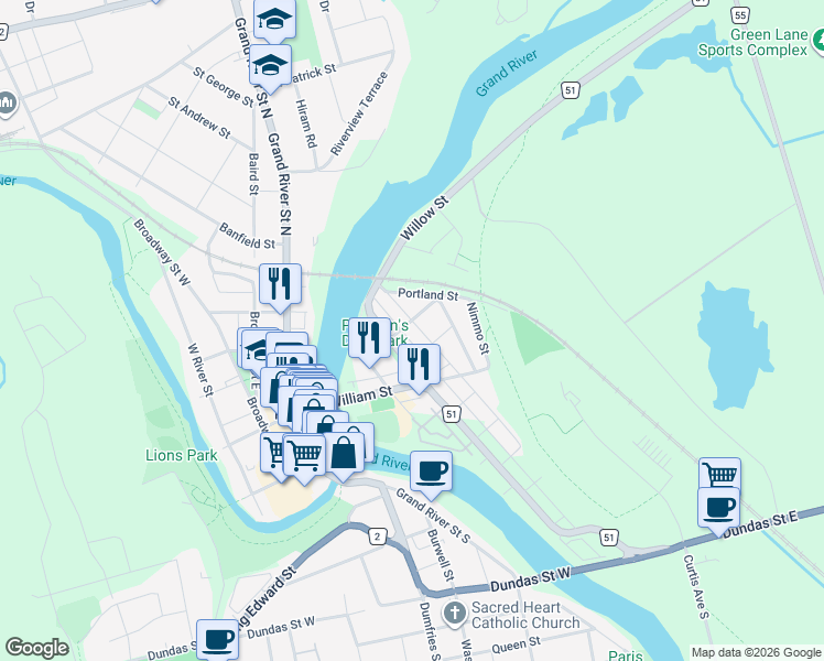 map of restaurants, bars, coffee shops, grocery stores, and more near in Brant