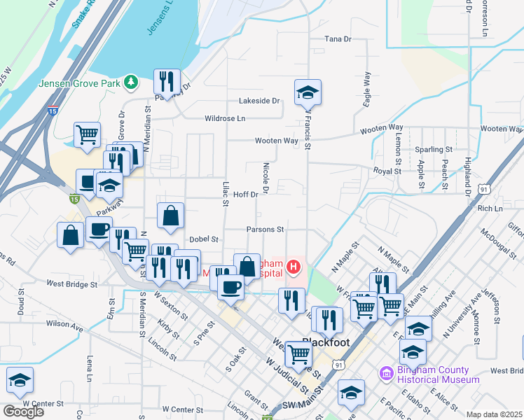 map of restaurants, bars, coffee shops, grocery stores, and more near 598 Nicole Drive in Blackfoot