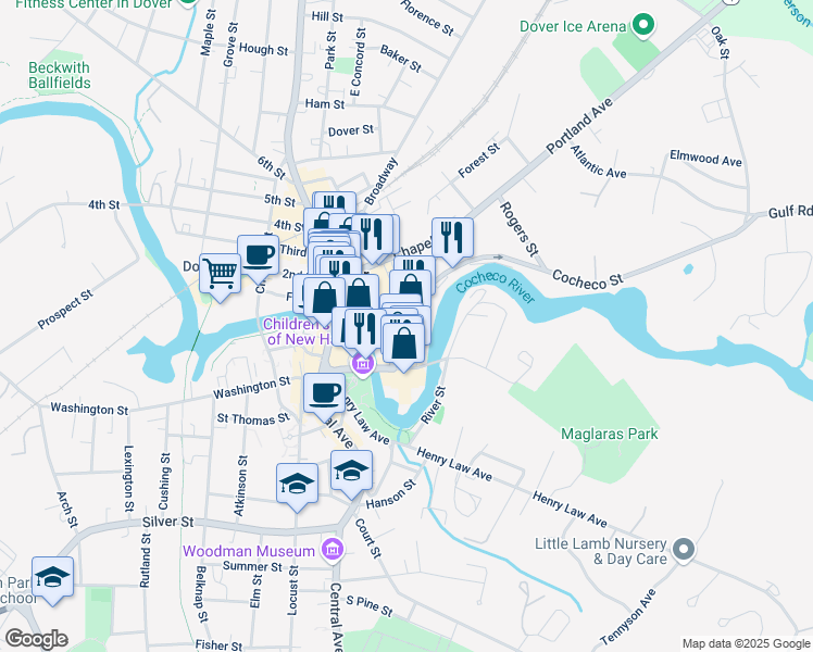 map of restaurants, bars, coffee shops, grocery stores, and more near 5 School Street in Dover
