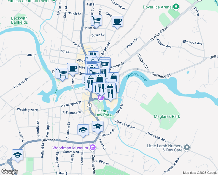 map of restaurants, bars, coffee shops, grocery stores, and more near 5 School Street in Dover