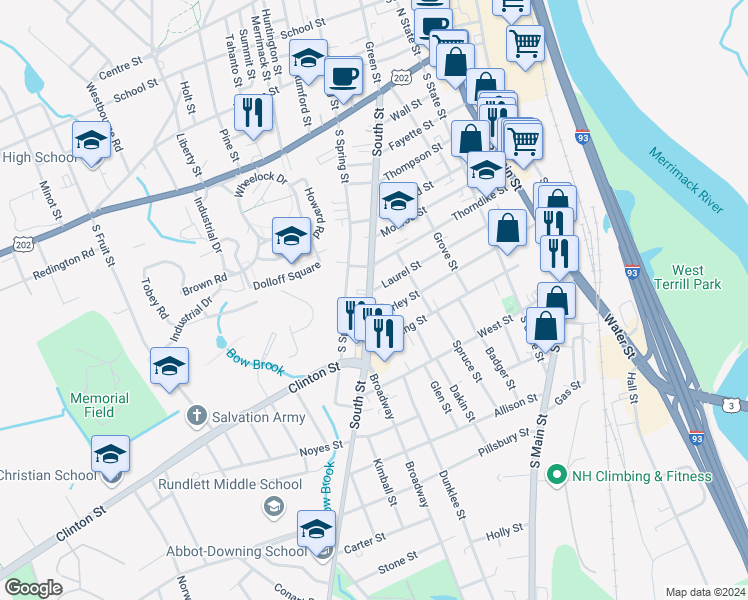 map of restaurants, bars, coffee shops, grocery stores, and more near 60 South Street in Concord