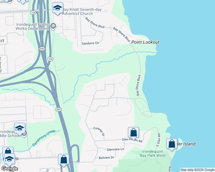 map of restaurants, bars, coffee shops, grocery stores, and more near 91 Eagle Rock Drive in Irondequoit