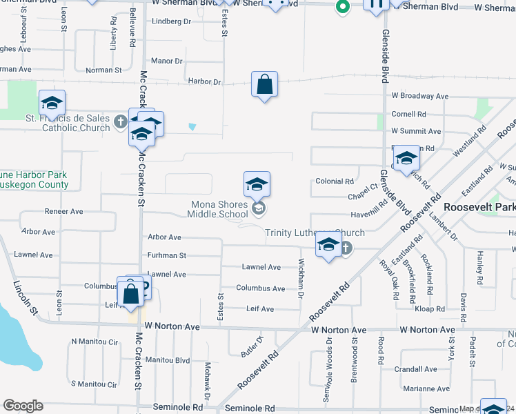 map of restaurants, bars, coffee shops, grocery stores, and more near 1700 Woodside Road in Norton Shores