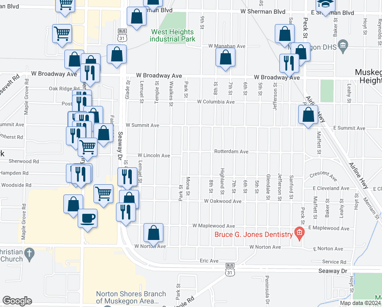 map of restaurants, bars, coffee shops, grocery stores, and more near 3100 Mona Street in Muskegon Heights