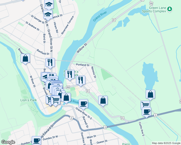 map of restaurants, bars, coffee shops, grocery stores, and more near 32 Nimmo Street in Brant