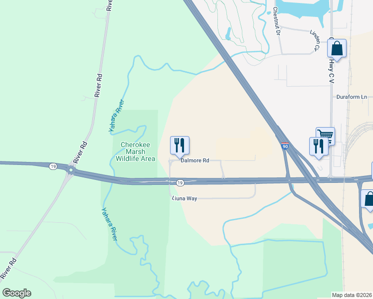 map of restaurants, bars, coffee shops, grocery stores, and more near 4684 Wisconsin 19 in DeForest