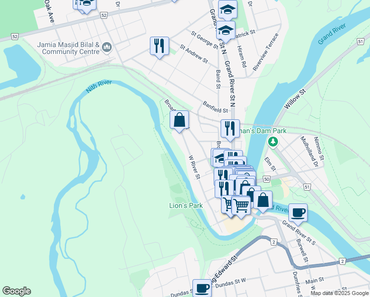 map of restaurants, bars, coffee shops, grocery stores, and more near 120 West River Street in Brant