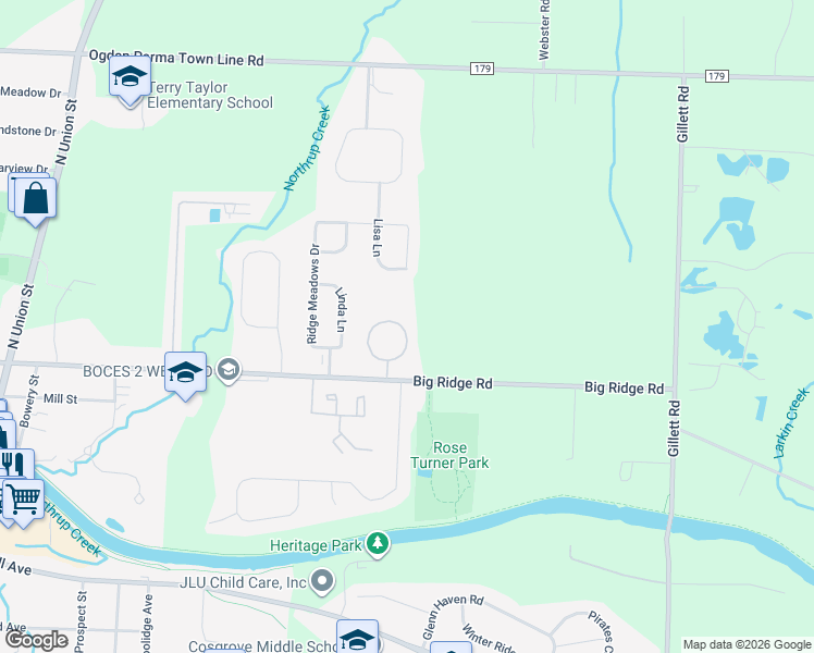 map of restaurants, bars, coffee shops, grocery stores, and more near 80 Lisa Lane in Spencerport