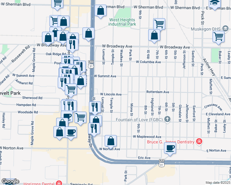 map of restaurants, bars, coffee shops, grocery stores, and more near 3028 Temple Street in Muskegon Heights