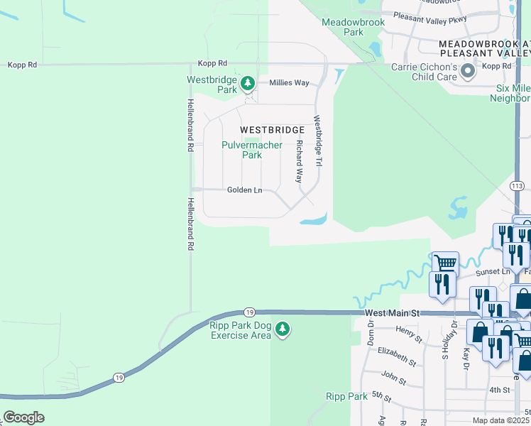 map of restaurants, bars, coffee shops, grocery stores, and more near 1004 Golden Lane in Waunakee