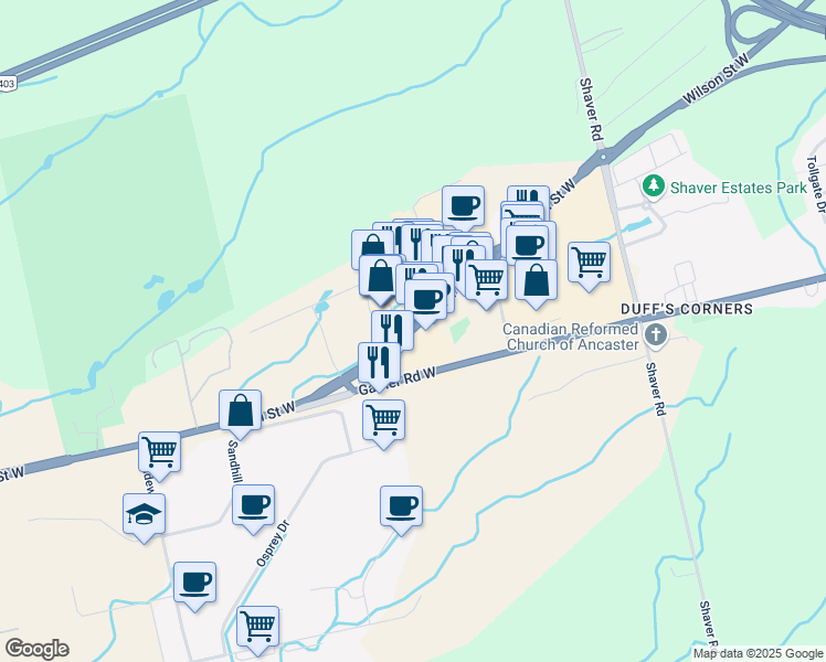 map of restaurants, bars, coffee shops, grocery stores, and more near 1175 Wilson Street West in Hamilton