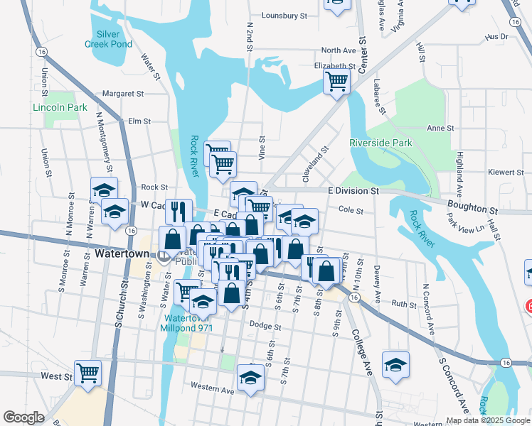 map of restaurants, bars, coffee shops, grocery stores, and more near 503 North 4th Street in Watertown