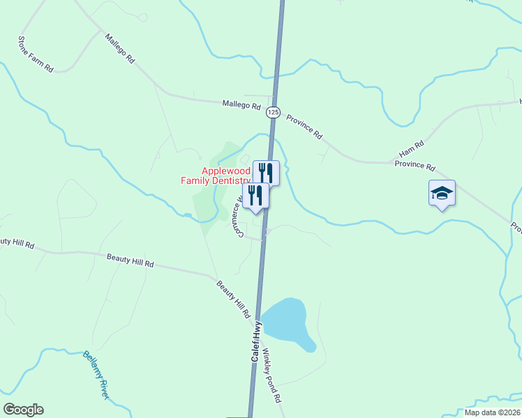 map of restaurants, bars, coffee shops, grocery stores, and more near 746 Calef Highway in Barrington