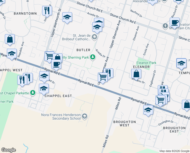 map of restaurants, bars, coffee shops, grocery stores, and more near 48 Jonathon Court in Hamilton