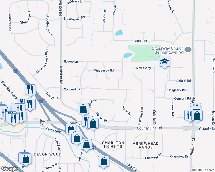 map of restaurants, bars, coffee shops, grocery stores, and more near N99W16625 Rustic Lane in Germantown