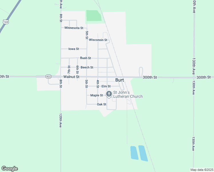 map of restaurants, bars, coffee shops, grocery stores, and more near 300 Grand Avenue in Burt