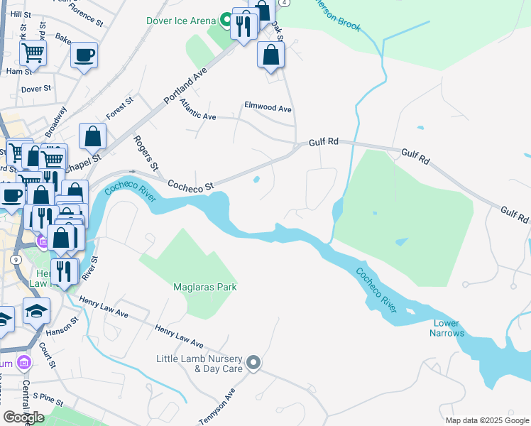 map of restaurants, bars, coffee shops, grocery stores, and more near 8 Gerry's Lane in Dover